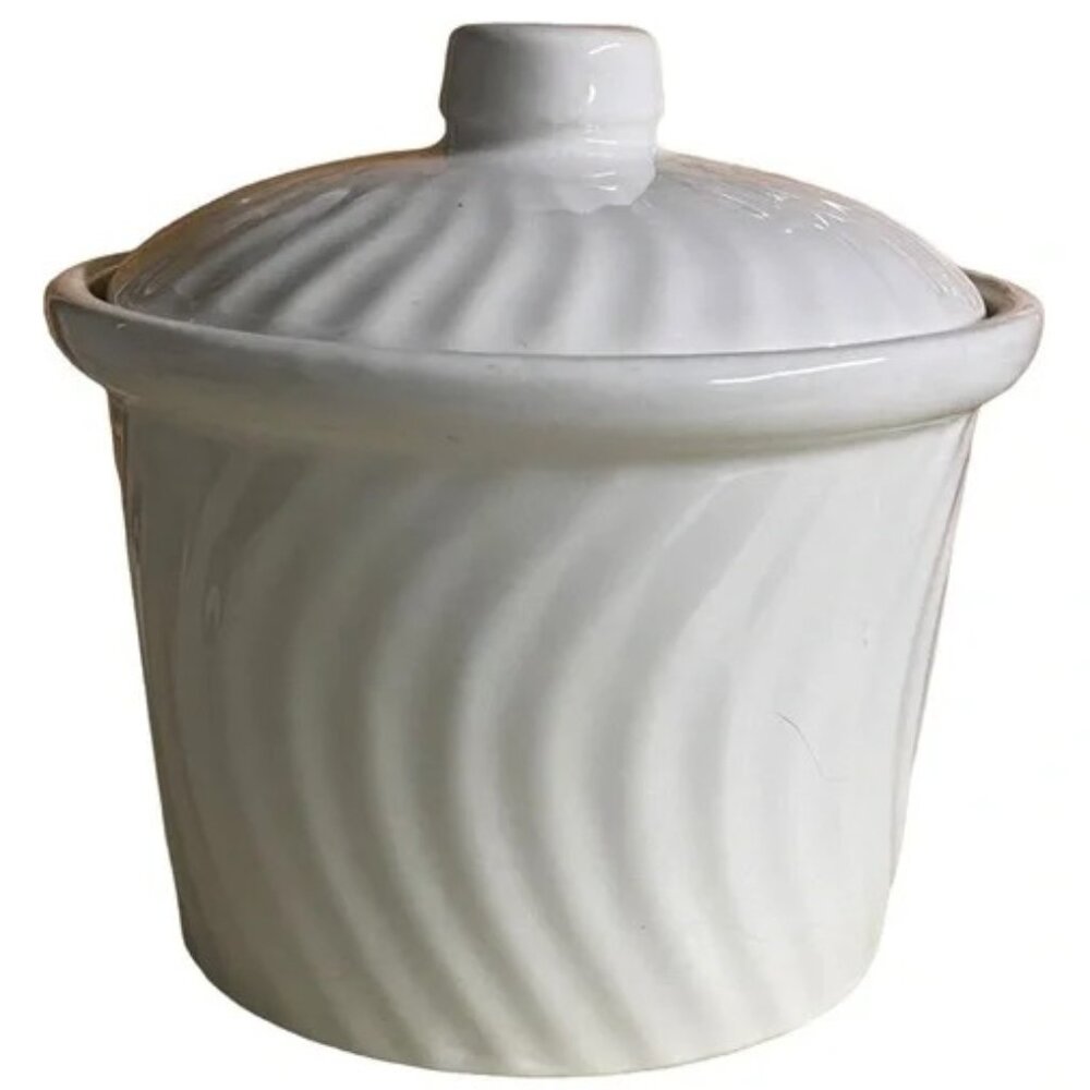 FARMHOUSE KITCHEN White Casserole Butter Crock with Swirl Design and Cover 4"x5"